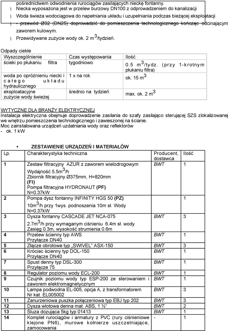 doprowadzić do pomieszczenia technologicznego kończąc odcinającym zaworem kulowym. Przewidywane zużycie wody ok. 2 m 3 /tydzień.