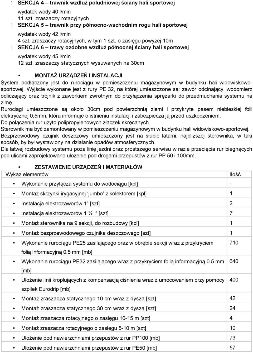 zraszaczy statycznych wysuwanych na 30cm MONTAŻ URZĄDZEŃ I INSTALACJI System podłączony jest do rurociągu w pomieszczeniu magazynowym w budynku hali widowiskowosportowej.