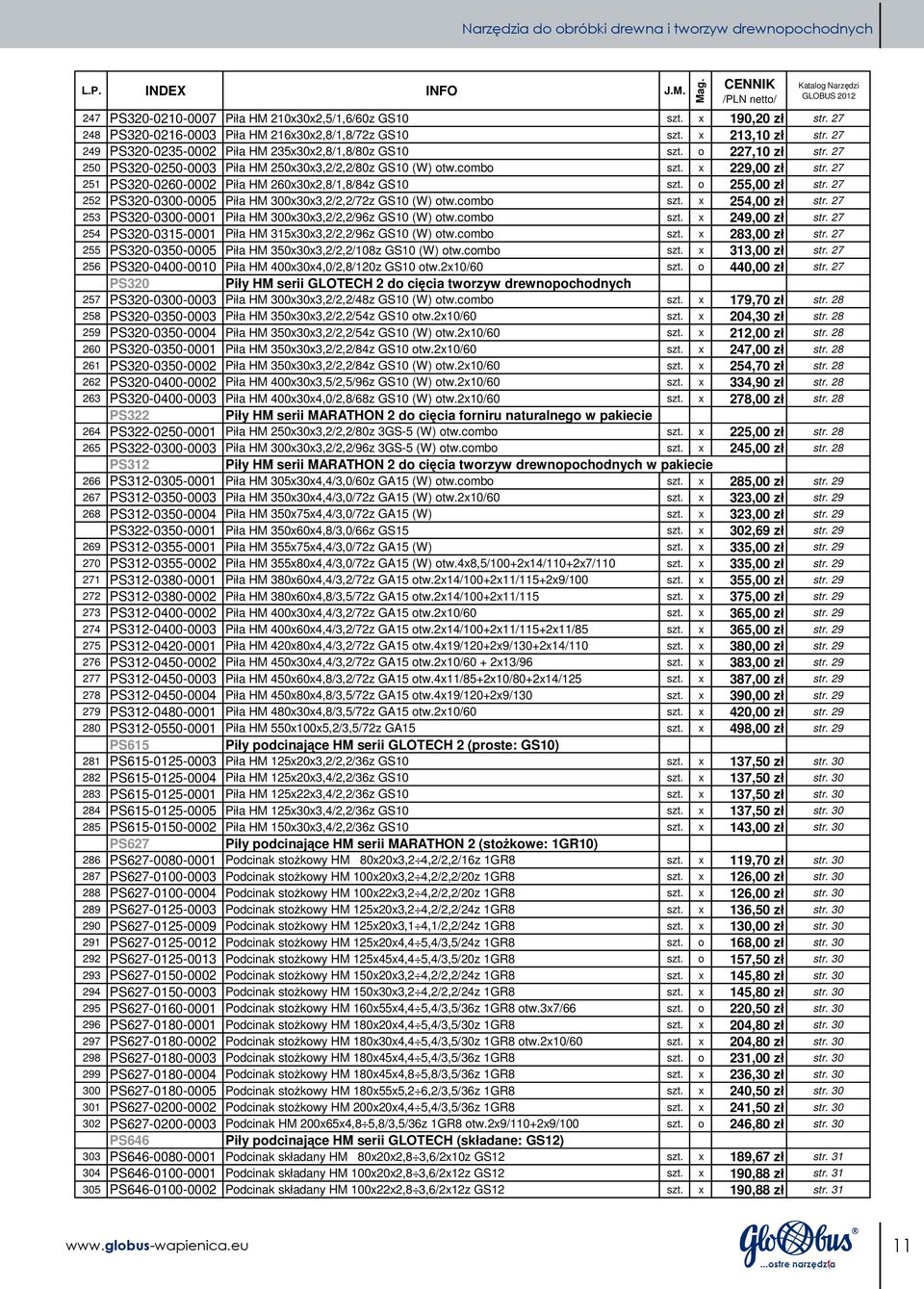 27 251 PS320-0260-0002 Piła HM 260x30x2,8/1,8/84z GS10 szt. o 255,00 zł str. 27 252 PS320-0300-0005 Piła HM 300x30x3,2/2,2/72z GS10 (W) otw.combo szt. x 254,00 zł str.