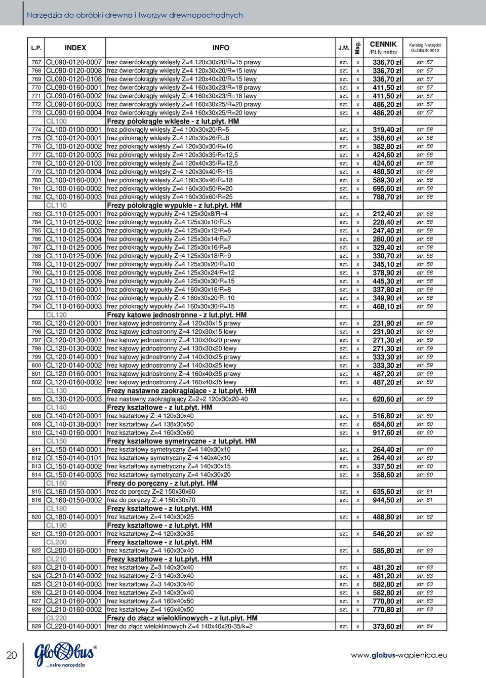 x 411,50 zł str. 57 771 CL090-0160-0002 frez wier okr gły wkl sły Z=4 160x30x23/R=18 lewy szt. x 411,50 zł str. 57 772 CL090-0160-0003 frez wier okr gły wkl sły Z=4 160x30x25/R=20 prawy szt.