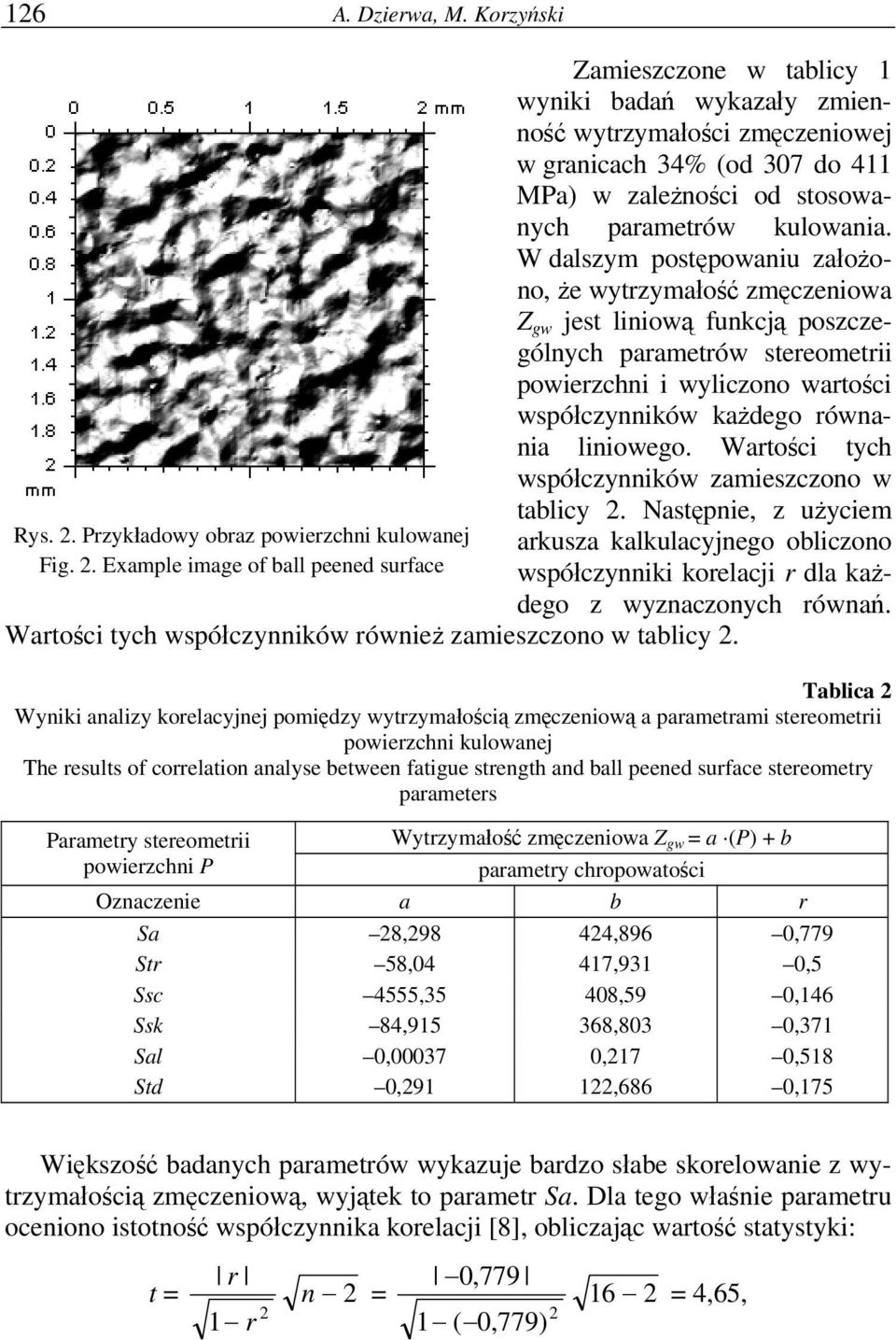 Example image of ball peened surface Zamieszczone w tablicy 1 wyniki badań wykazały zmienność wytrzymałości zmęczeniowej w granicach 34% (od 307 do 411 MPa) w zależności od stosowanych parametrów