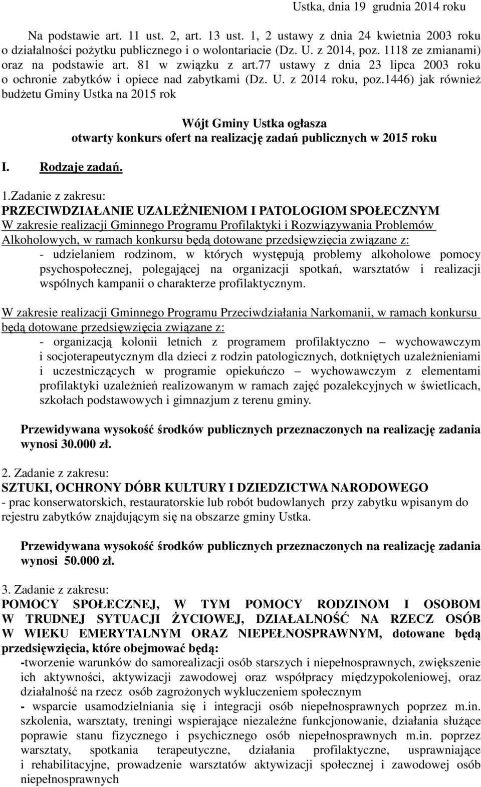 1446) jak równieŝ budŝetu Gminy Ustka na 2015 rok I. Rodzaje zadań. Wójt Gminy Ustka ogłasza otwarty konkurs ofert na realizację zadań publicznych w 2015 roku 1.