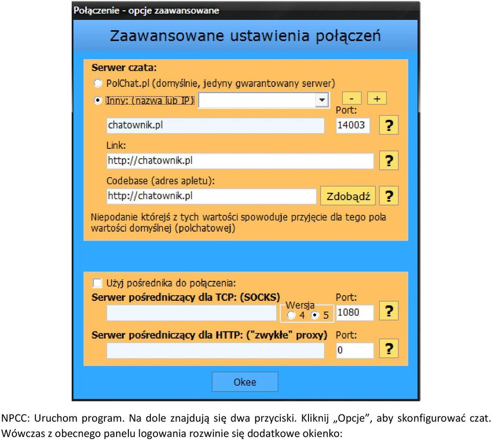 Kliknij Opcje, aby skonfigurować czat.