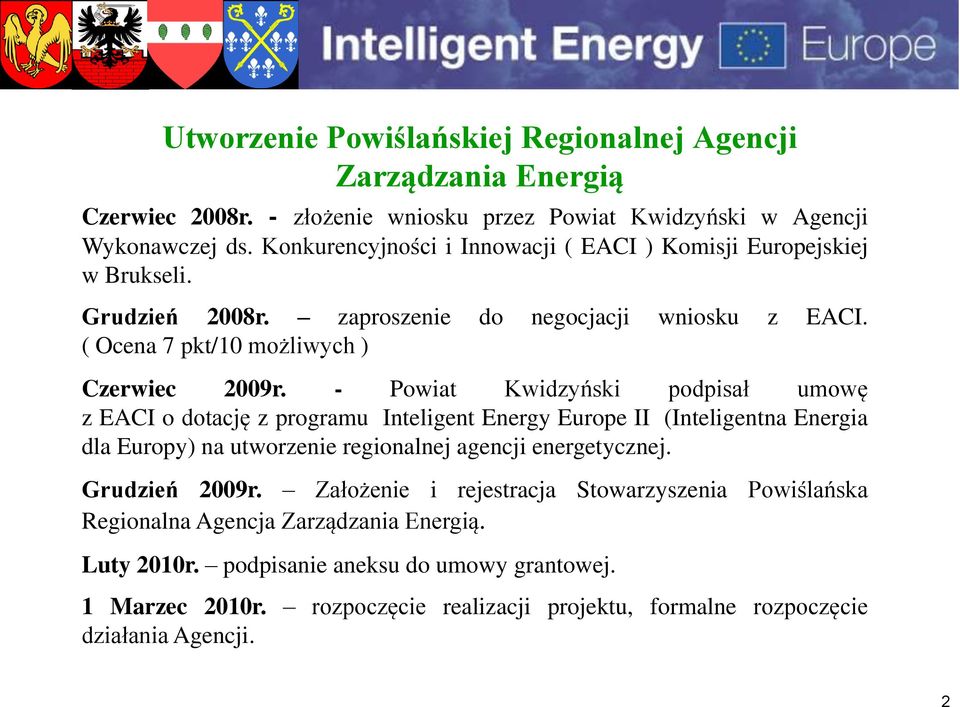 - Powiat Kwidzyński podpisał umowę z EACI o dotację z programu Inteligent Energy Europe II (Inteligentna Energia dla Europy) na utworzenie regionalnej agencji energetycznej.