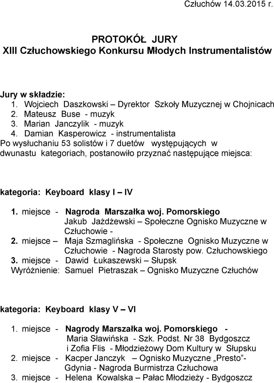 Damian Kasperowicz - instrumentalista Po wysłuchaniu 53 solistów i 7 duetów występujących w dwunastu kategoriach, postanowiło przyznać następujące miejsca: kategoria: Keyboard klasy I IV Jakub