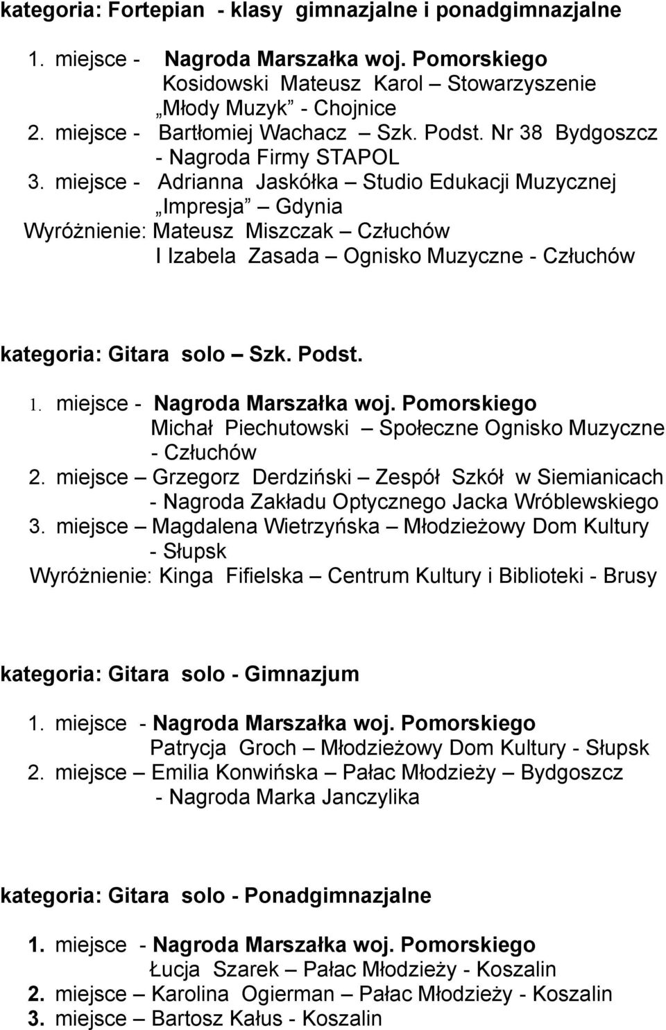 miejsce - Adrianna Jaskółka Studio Edukacji Muzycznej Impresja Gdynia Wyróżnienie: Mateusz Miszczak Człuchów I Izabela Zasada Ognisko Muzyczne - Człuchów kategoria: Gitara solo Szk. Podst.