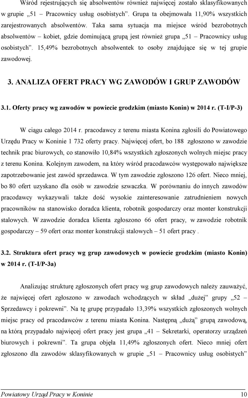 15,49% bezrobotnych absolwente to osoby znajdujące się w tej grupie zawodowej. 3. ANALZA OFERT PRACY WG ZAWODÓW GRUP ZAWODÓW 3.1. Oferty pracy wg zawodów w powiecie grodzim (miasto Konin) w 2014 r.