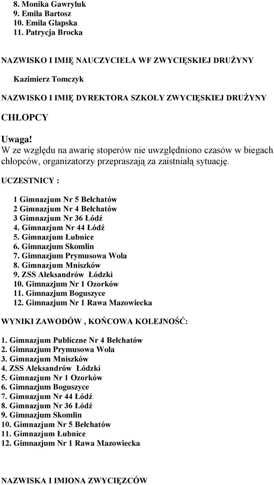 1 Gimnazjum Nr 5 Bełchatów 2 Gimnazjum Nr 4 Bełchatów 3 Gimnazjum Nr 36 Łódź 4. Gimnazjum Nr 44 Łódź 5. Gimnazjum Łubnice 6. Gimnazjum Skomlin 7. Gimnazjum Prymusowa Wola 8. Gimnazjum Mniszków 9.