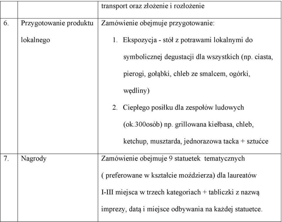 Ciepłego posiłku dla zespołów ludowych (ok.300osób) np. grillowana kiełbasa, chleb, ketchup, musztarda, jednorazowa tacka + sztućce 7.