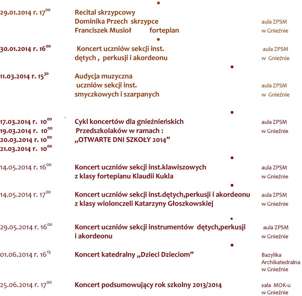 2014 r. 16 00 Koncert uczniów sekcji inst.klawiszowych z klasy fortepianu Klaudii Kukla 4.05.2014 r. 17 00 Koncert uczniów sekcji inst.