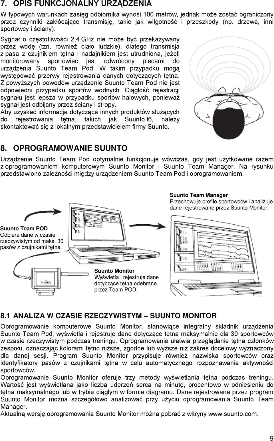 również ciało ludzkie), dlatego transmisja z pasa z czujnikiem tętna i nadajnikiem jest utrudniona, jeżeli monitorowany sportowiec jest odwrócony plecami do urządzenia Suunto Team Pod.