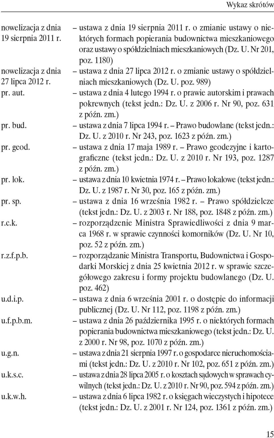 1180) ustawa z dnia 27 lipca 2012 r. o zmianie ustawy o spółdzielniach mieszkaniowych (Dz. U. poz. 989) ustawa z dnia 4 lutego 1994 r. o prawie autorskim i prawach pokrewnych (tekst jedn.: Dz. U. z 2006 r.