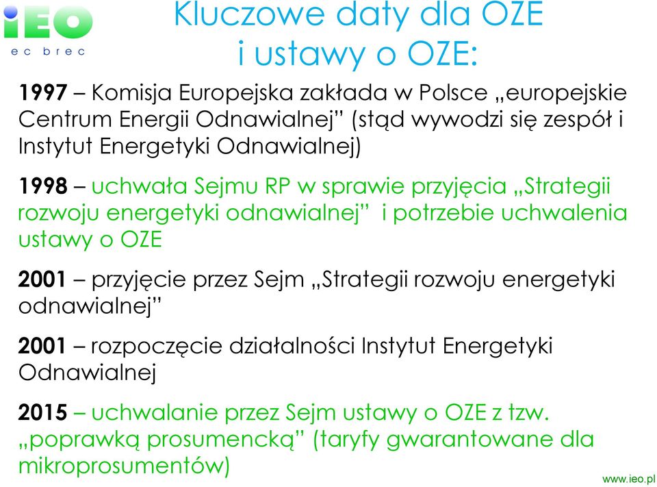 potrzebie uchwalenia ustawy o OZE 2001 przyjęcie przez Sejm Strategii rozwoju energetyki odnawialnej 2001 rozpoczęcie działalności