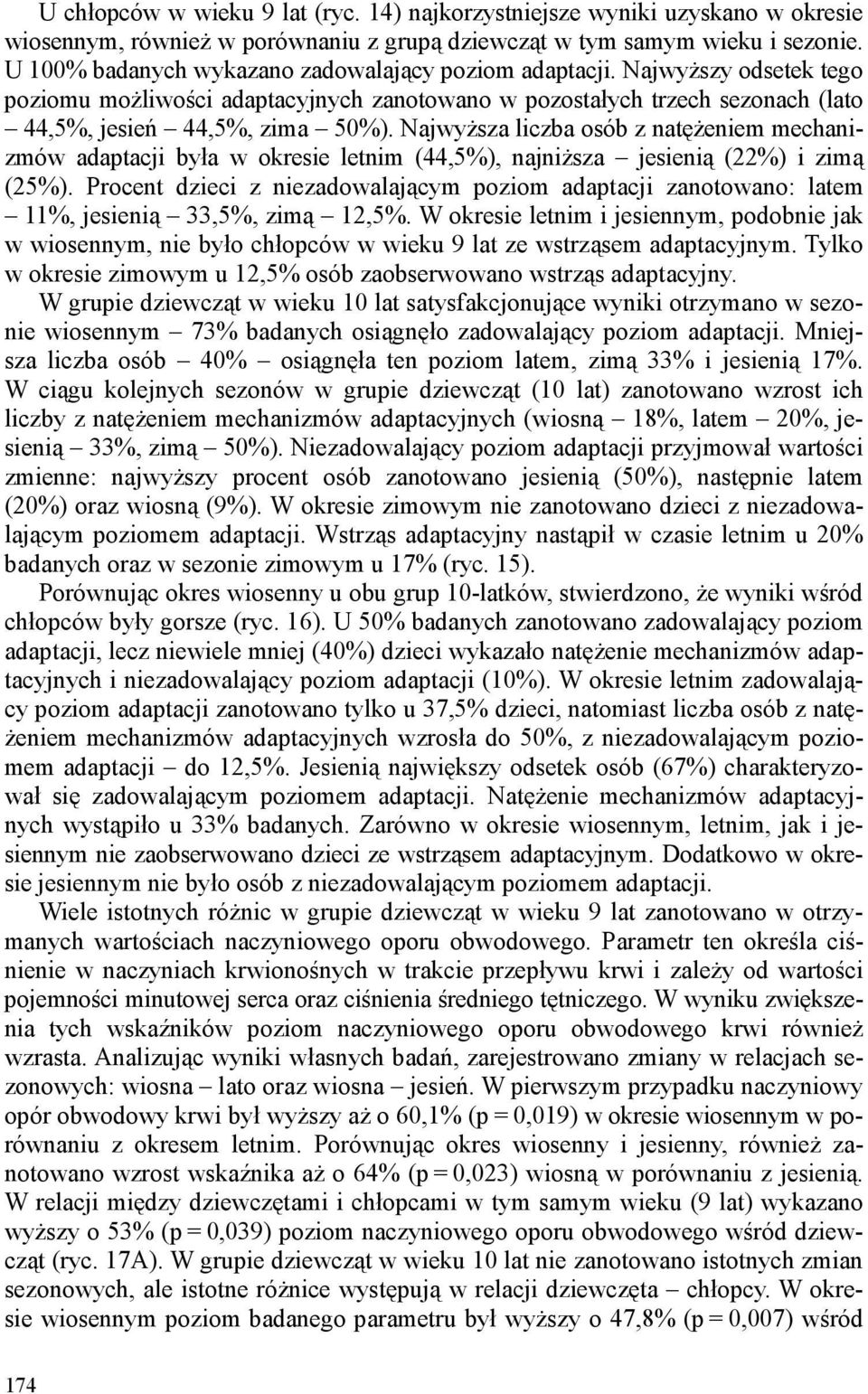 Najwyższa liczba osób z natężeniem mechanizmów adaptacji była w okresie letnim (44,5%), najniższa jesienią (22%) i zimą (25%).