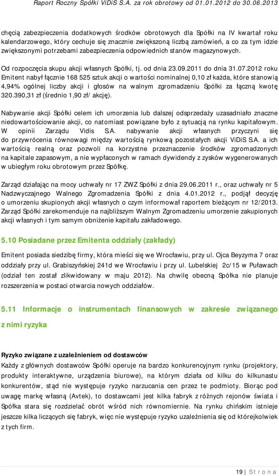 2012 roku Emitent nabył łącznie 168 525 sztuk akcji o wartości nominalnej 0,10 zł każda, które stanowią 4,94% ogólnej liczby akcji i głosów na walnym zgromadzeniu Spółki za łączną kwotę 320.