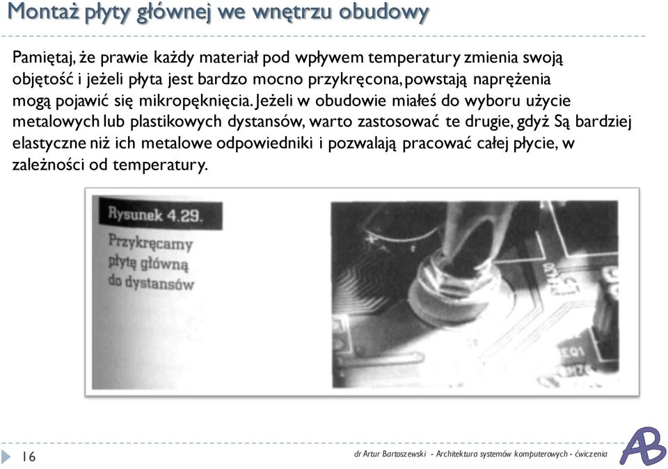 Jeżeli w obudowie miałeś do wyboru użycie metalowych lub plastikowych dystansów, warto zastosować te drugie, gdyż