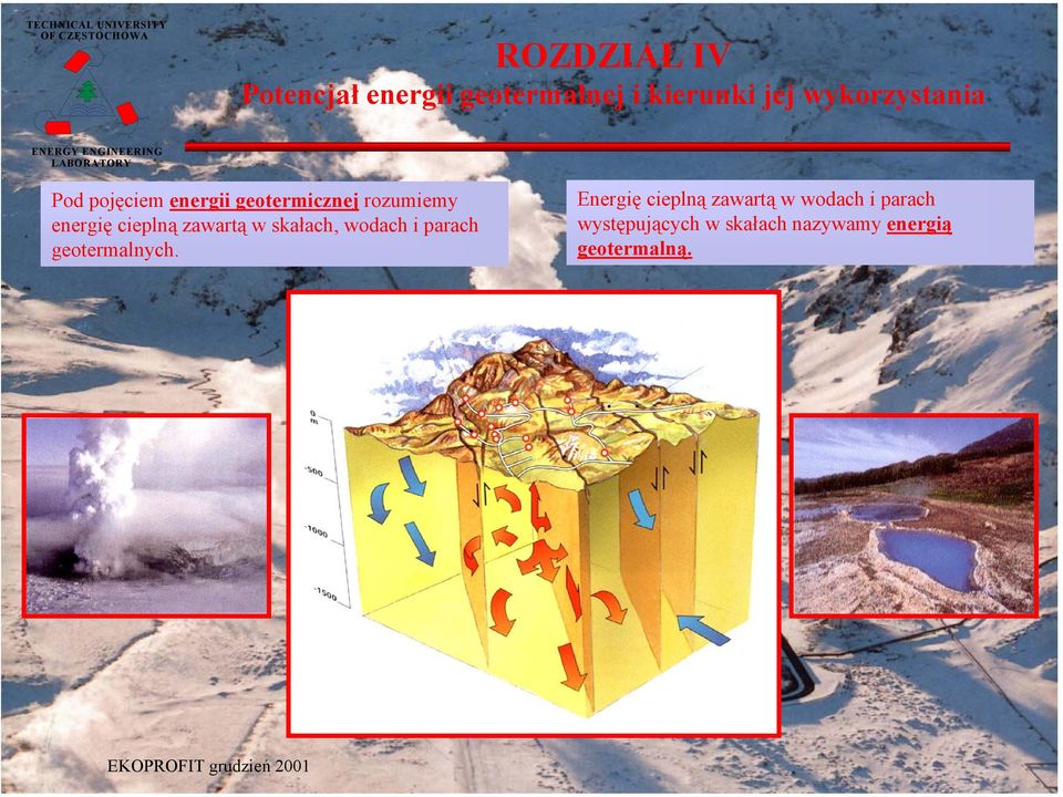 rozumiemy energię cieplną zawartą w skałach, wodach i parach geotermalnych.