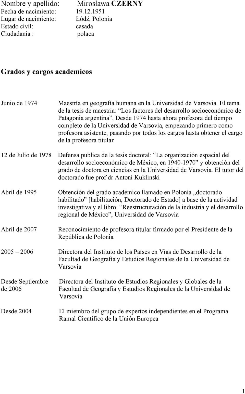 El tema de la tesis de maestría: Los factores del desarrollo socioeconómico de Patagonia argentina, Desde 1974 hasta ahora profesora del tiempo completo de la Universidad de Varsovia, empezando