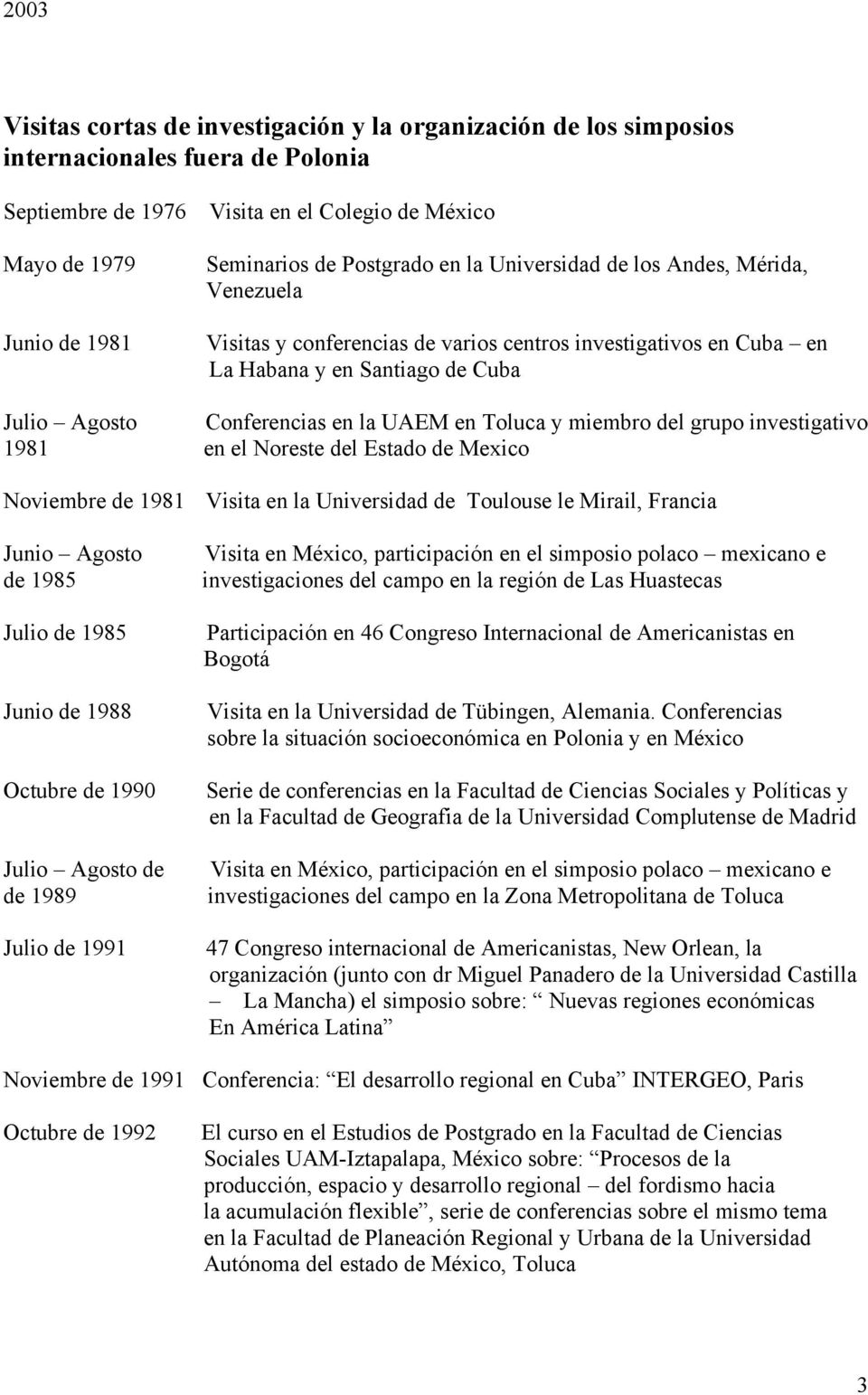 Toluca y miembro del grupo investigativo 1981 en el Noreste del Estado de Mexico Noviembre de 1981 Visita en la Universidad de Toulouse le Mirail, Francia Junio Agosto de 1985 Julio de 1985 Junio de