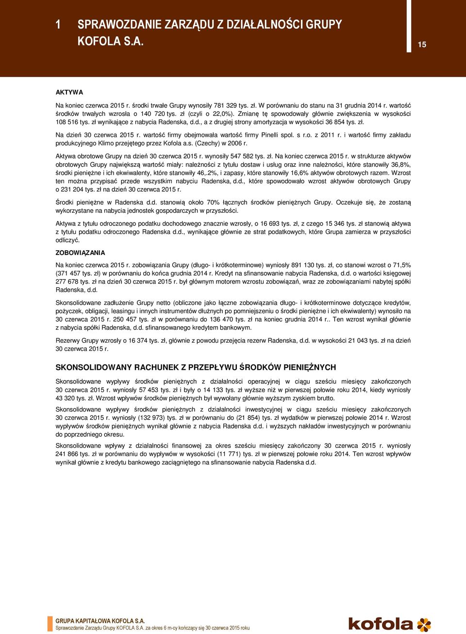 zł. Na dzień 30 czerwca 2015 r. wartość firmy obejmowała wartość firmy Pinelli spol. s r.o. z 2011 r. i wartość firmy zakładu produkcyjnego Klimo przejętego przez Kofola a.s. (Czechy) w 2006 r.