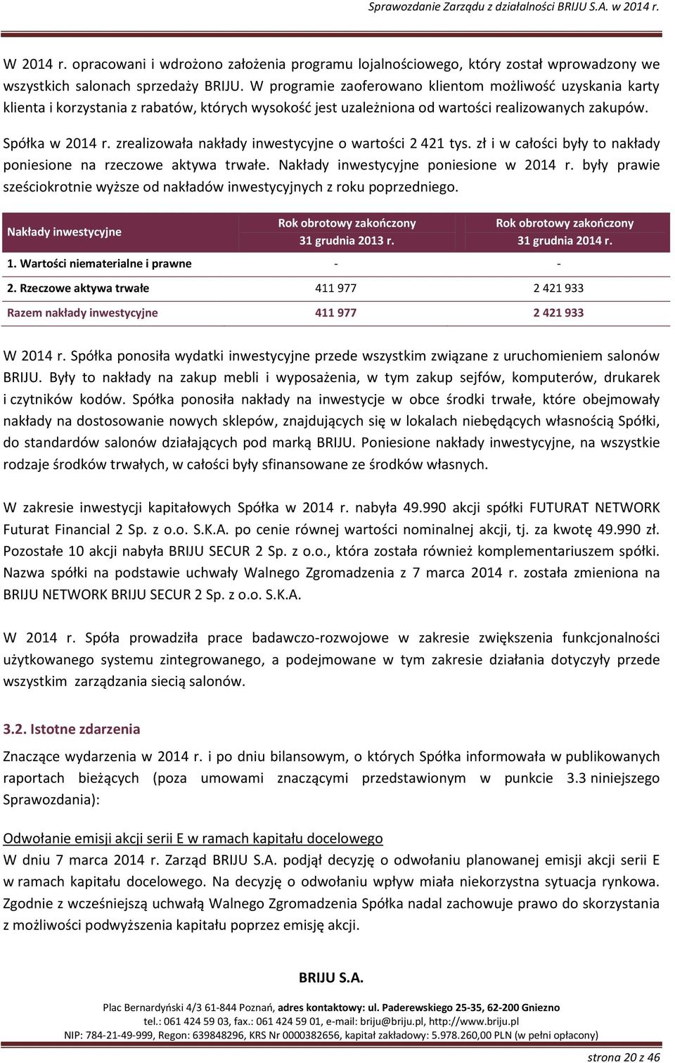 zrealizowała nakłady inwestycyjne o wartości 2 421 tys. zł i w całości były to nakłady poniesione na rzeczowe aktywa trwałe. Nakłady inwestycyjne poniesione w 2014 r.