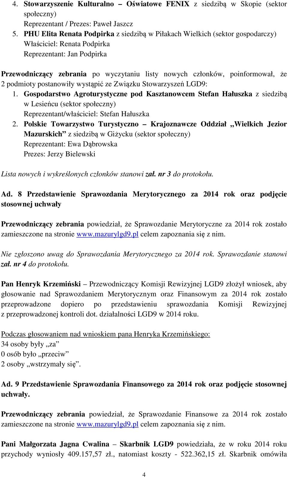 poinformował, że 2 podmioty postanowiły wystąpić ze Związku Stowarzyszeń LGD9: 1.