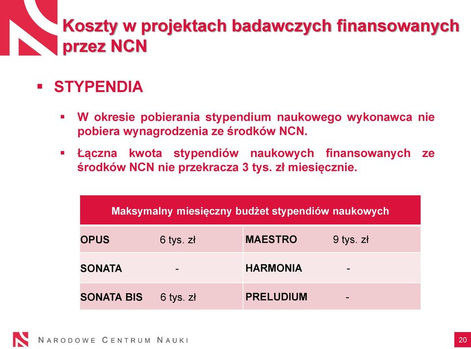 Łączna kwota stypendiów naukowych finansowanych ze środków NCN nie przekracza 3 tys. zł miesięcznie.