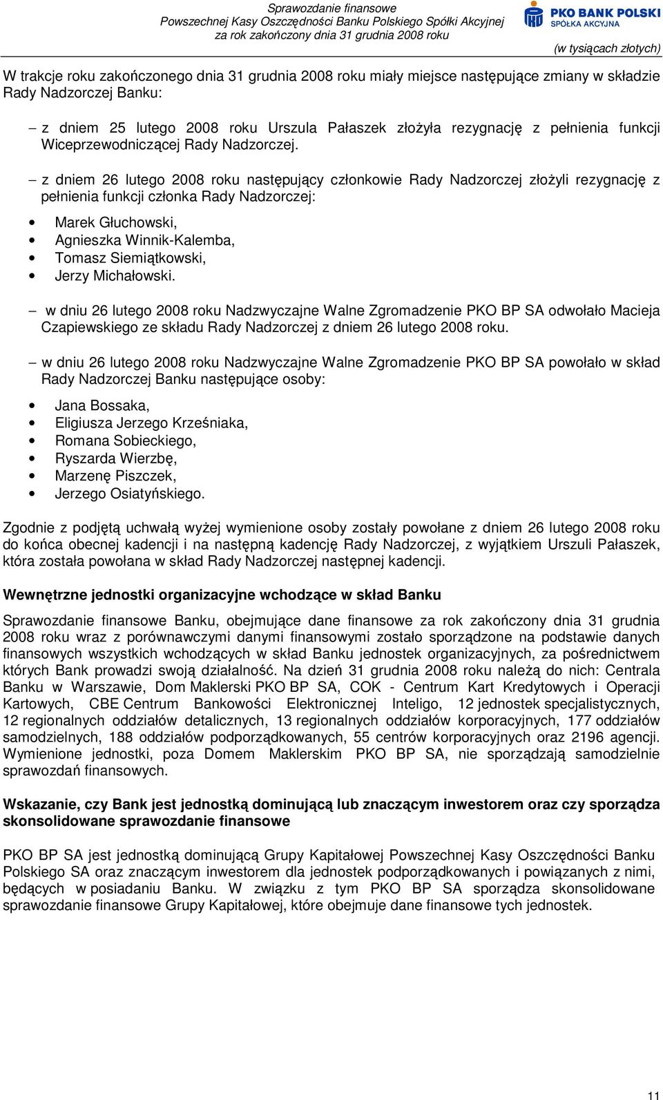 z dniem 26 lutego 2008 roku następujący członkowie Rady Nadzorczej złoŝyli rezygnację z pełnienia funkcji członka Rady Nadzorczej: Marek Głuchowski, Agnieszka Winnik-Kalemba, Tomasz Siemiątkowski,
