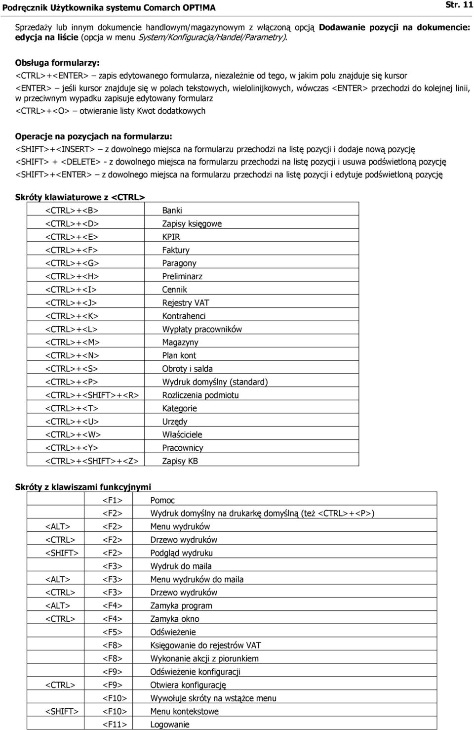 Obsługa formularzy: <CTRL>+<ENTER> zapis edytowanego formularza, niezależnie od tego, w jakim polu znajduje się kursor <ENTER> jeśli kursor znajduje się w polach tekstowych, wielolinijkowych, wówczas