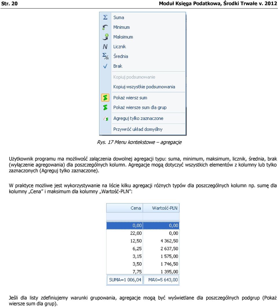 agregowania) dla poszczególnych kolumn. Agregacje mogą dotyczyć wszystkich elementów z kolumny lub tylko zaznaczonych (Agreguj tylko zaznaczone).