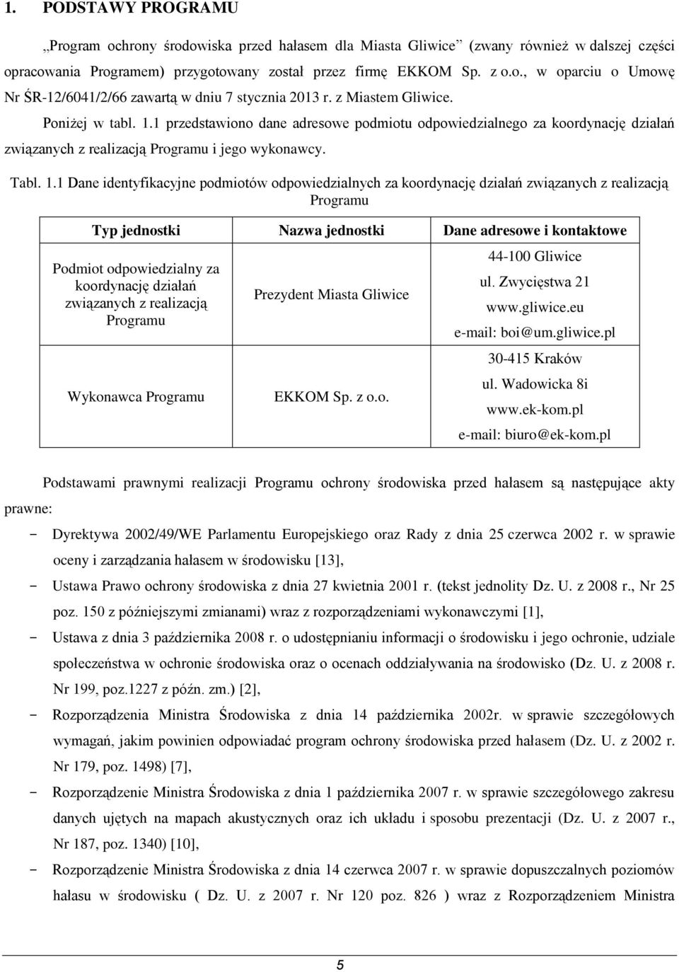 1 przedstawiono dane adresowe podmiotu odpowiedzialnego za koordynację działań związanych z realizacją Programu i jego wykonawcy. Tabl. 1.