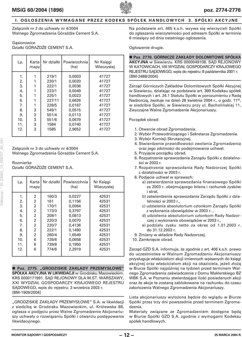 Karta Nr działki Powierzchnia Nr Księgi mapy (ha) Wieczystej 1. 1 219/1 0,0003 41727 2. 1 220/1 0,0020 41727 3. 1 222/1 0,0036 41727 4. 1 223/1 0,0049 41727 5. 1 225/1 0,0023 41727 6.