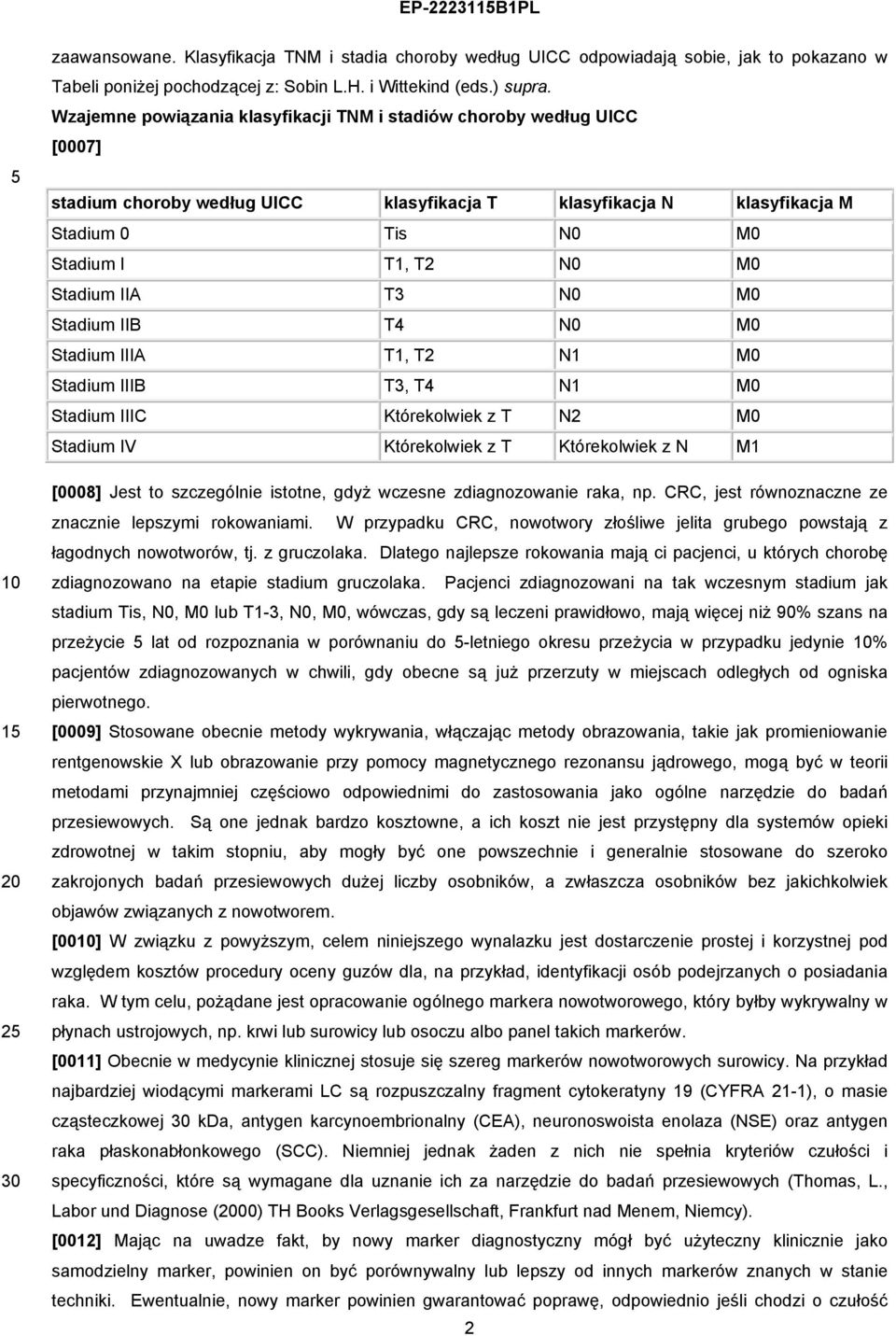 IIA T3 N0 M0 Stadium IIB T4 N0 M0 Stadium IIIA T1, T2 N1 M0 Stadium IIIB T3, T4 N1 M0 Stadium IIIC Którekolwiek z T N2 M0 Stadium IV Którekolwiek z T Którekolwiek z N M1 [0008] Jest to szczególnie