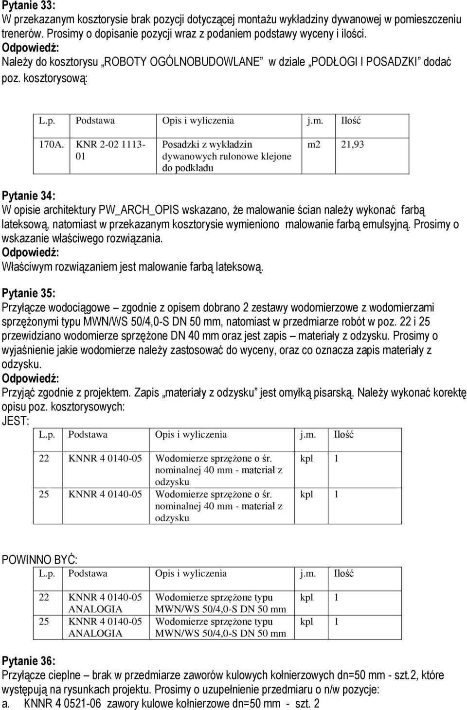 KNR 2-02 1113-01 Posadzki z wykładzin dywanowych rulonowe klejone do podkładu m2 21,93 Pytanie 34: W opisie architektury PW_ARCH_OPIS wskazano, że malowanie ścian należy wykonać farbą lateksową,
