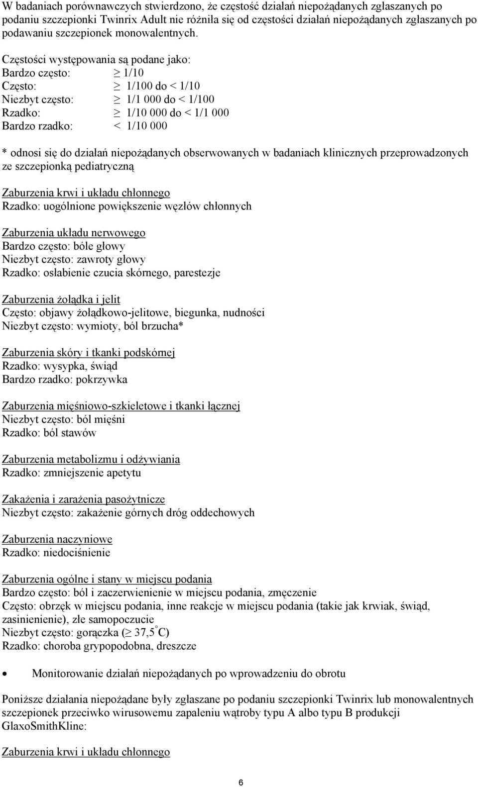 Cz%sto&ci wyst%powania s" podane jako: Bardzo cz%sto: ( 1/10 Cz%sto: ( 1/100 do < 1/10 Niezbyt cz%sto: ( 1/1 000 do < 1/100 Rzadko: ( 1/10 000 do < 1/1 000 Bardzo rzadko: < 1/10 000 * odnosi si% do