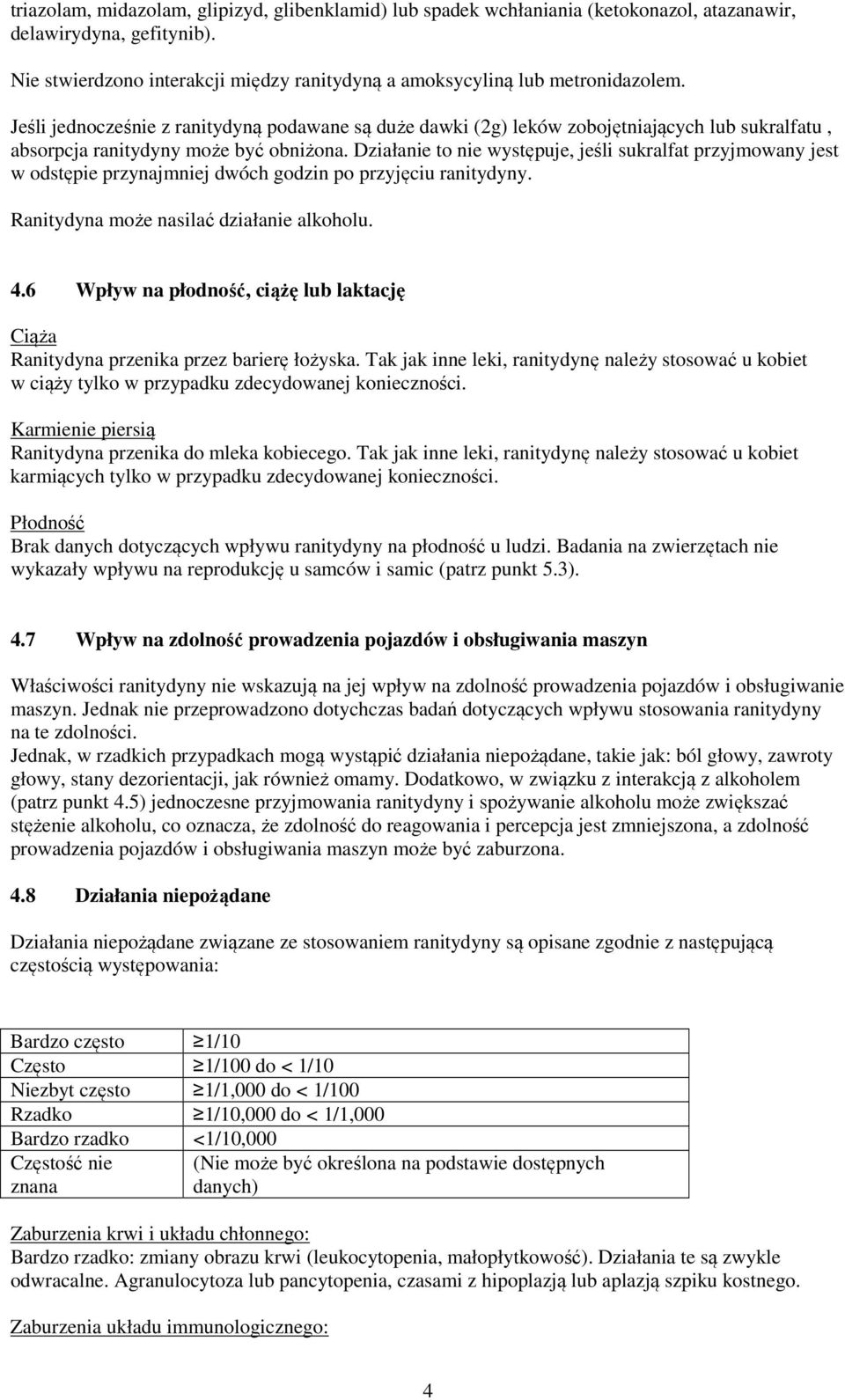 Działanie to nie występuje, jeśli sukralfat przyjmowany jest w odstępie przynajmniej dwóch godzin po przyjęciu ranitydyny. Ranitydyna może nasilać działanie alkoholu. 4.