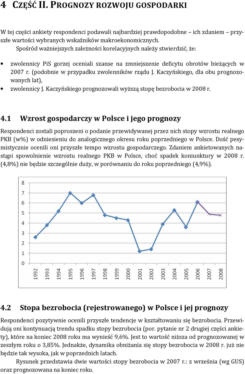 (podobnie w przypadku zwolenników rządu J. Kaczyńskiego, dla obu prognozowanych lat), zwolennicy J. Kaczyńskiego prognozowali wyższą stopę bezrobocia w 2008 r. 4.