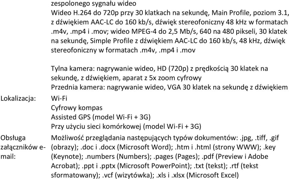 mov Lokalizacja: Obsługa załączników e- mail: Tylna kamera: nagrywanie wideo, HD (720p) z prędkością 30 klatek na sekundę, z dźwiękiem, aparat z 5x zoom cyfrowy Przednia kamera: nagrywanie wideo, VGA