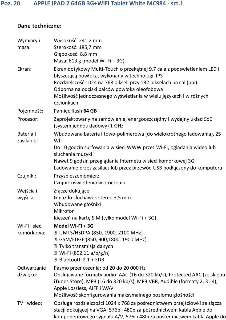 613 g (model Wi-Fi + 3G) Ekran dotykowy Multi-Touch o przekątnej 9,7 cala z podświetleniem LED i błyszczącą powłoką, wykonany w technologii IPS Rozdzielczość 1024 na 768 pikseli przy 132 pikselach na