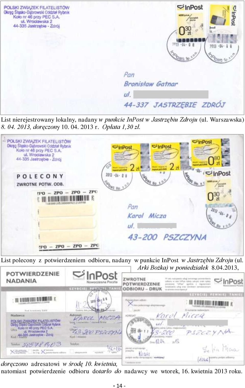 List polecony z potwierdzeniem odbioru, nadany w punkcie InPost w Jastrzębiu Zdroju (ul.