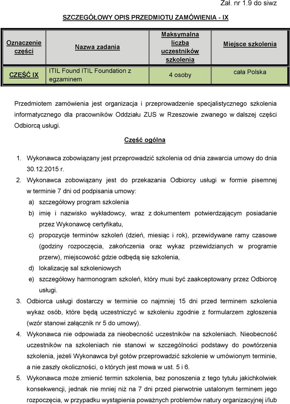 organizacja i przeprowadzenie specjalistycznego szkolenia informatycznego dla pracowników Oddziału ZUS w Rzeszowie zwanego w dalszej części Odbiorcą usługi. Część ogólna 1.