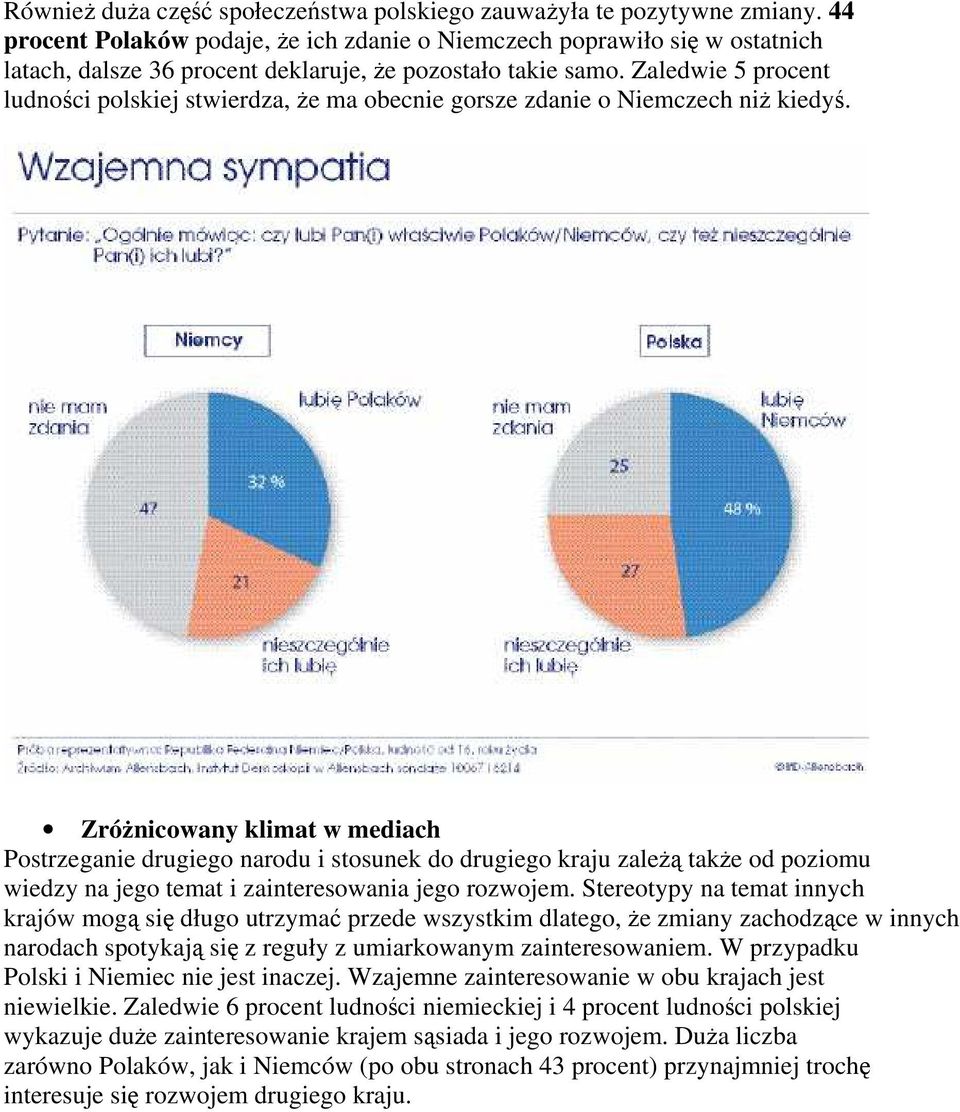 Zaledwie 5 procent ludności polskiej stwierdza, że ma obecnie gorsze zdanie o Niemczech niż kiedyś.