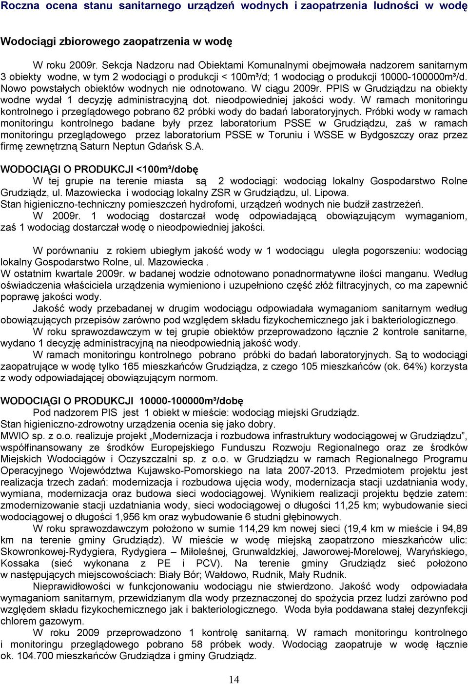 Nowo powstałych obiektów wodnych nie odnotowano. W ciągu 2009r. PPIS w Grudziądzu na obiekty wodne wydał 1 decyzję administracyjną dot. nieodpowiedniej jakości wody.