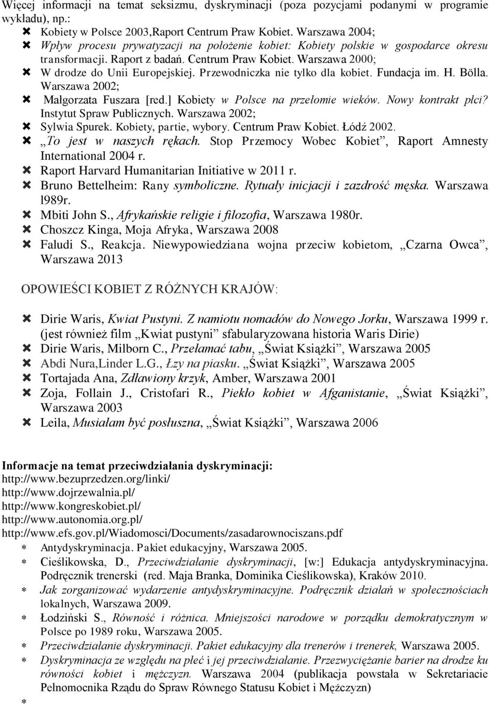 Przewodniczka nie tylko dla kobiet. Fundacja im. H. Bölla. Warszawa 2002; Małgorzata Fuszara [red.] Kobiety w Polsce na przełomie wieków. Nowy kontrakt płci? Instytut Spraw Publicznych.