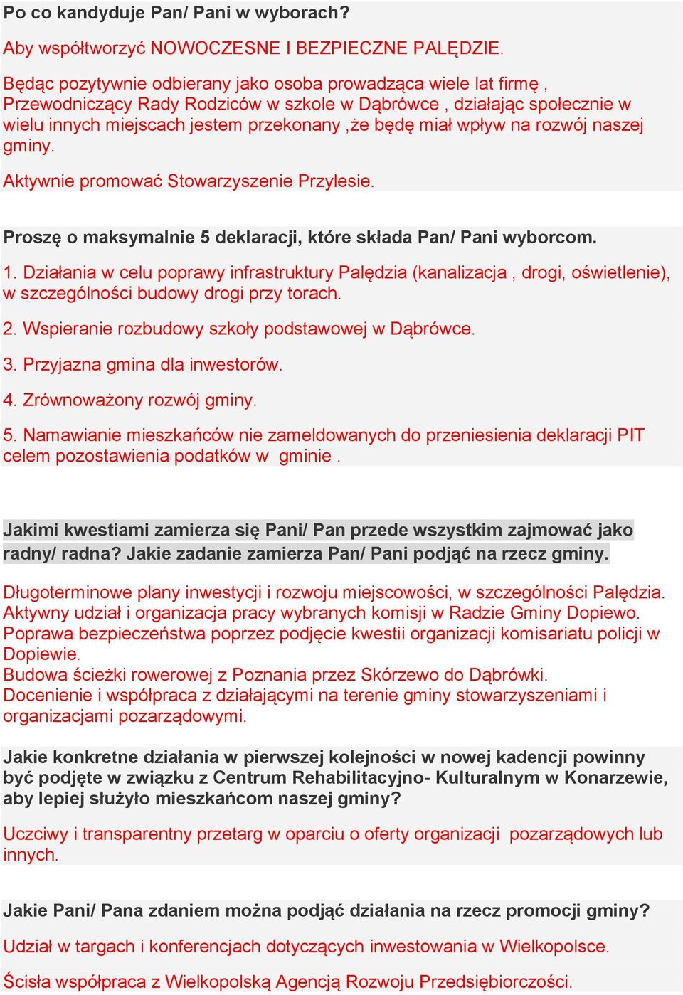 na rozwój naszej gminy. Aktywnie promować Stowarzyszenie Przylesie. Proszę o maksymalnie 5 deklaracji, które składa Pan/ Pani wyborcom. 1.