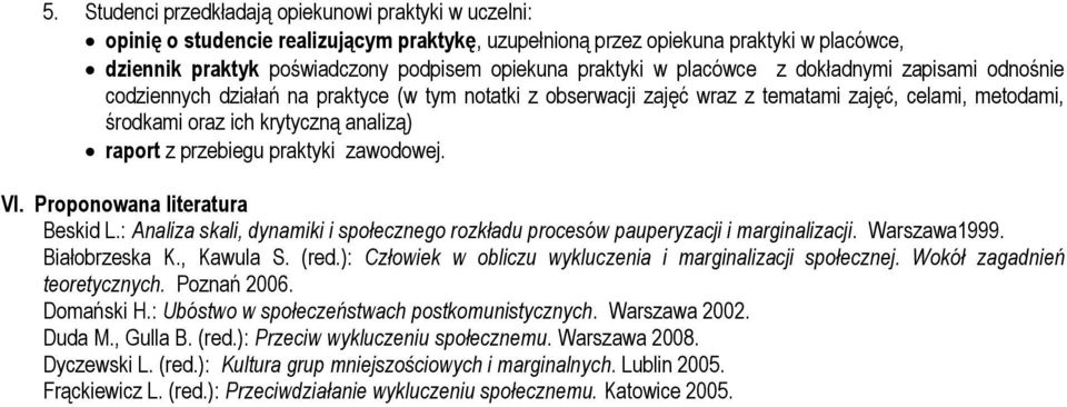 raport z przebiegu praktyki zawodowej. VI. Proponowana literatura Beskid L.: Analiza skali, dynamiki i społecznego rozkładu procesów pauperyzacji i marginalizacji. Warszawa1999. Białobrzeska K.