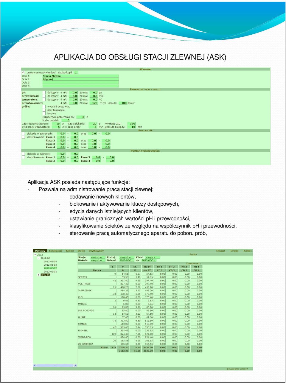 dostępowych, - edycja danych istniejących klientów, - ustawianie granicznych wartości ph i przewodności, -