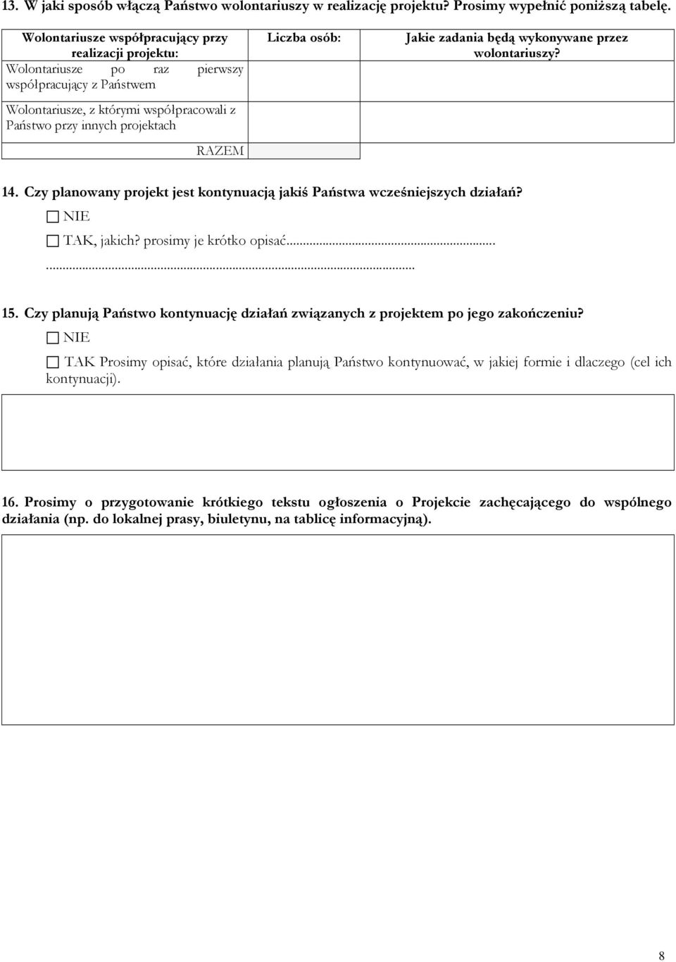 osób: Jakie zadania będą wykonywane przez wolontariuszy? 14. Czy planowany projekt jest kontynuacją jakiś Państwa wcześniejszych działań? NIE TAK, jakich? prosimy je krótko opisać...... 15.