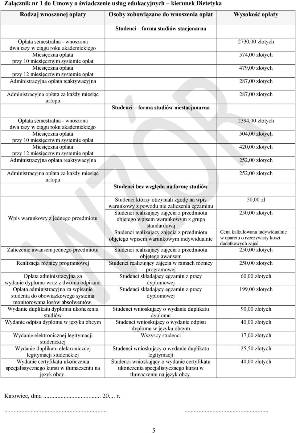 miesiąc urlopu Opłata  miesiąc urlopu Wpis warunkowy z jednego przedmiotu Zaliczenie awansem jednego przedmiotu Realizacja różnicy programowej Opłata administracyjna za wydanie dyplomu wraz z dwoma