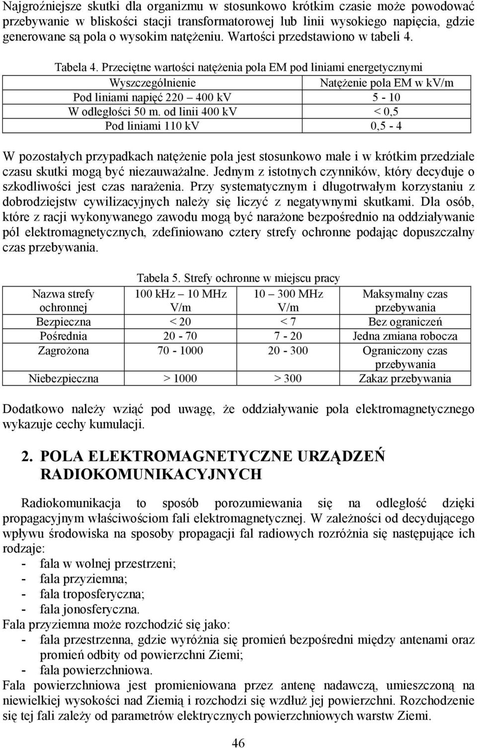 Przeciętne wartości natężenia pola EM pod liniami energetycznymi Wyszczególnienie Natężenie pola EM w kv/m Pod liniami napięć 220 400 kv 5-10 W odległości 50 m.